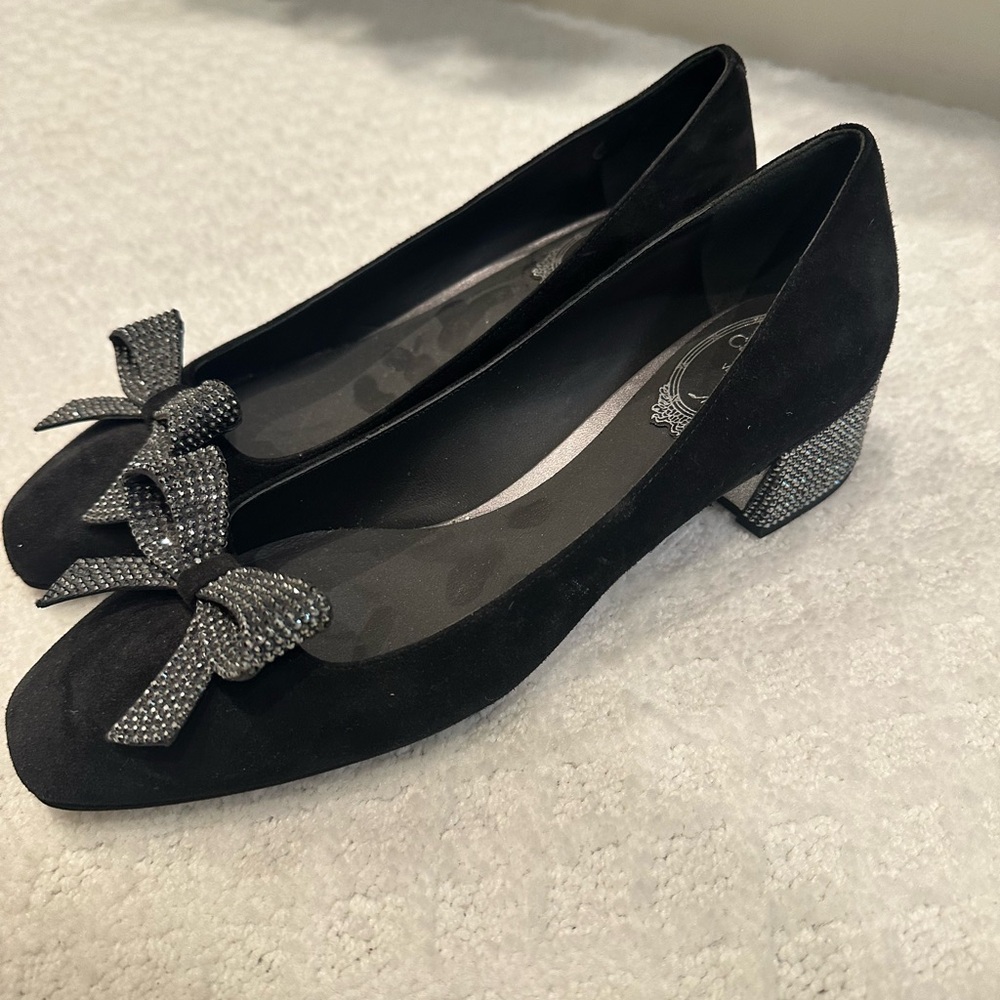 Rene Caovilla Black and Silver Heels with Elegant Bow